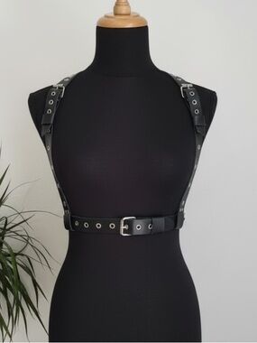 Black Leather Harness Belt - Adjustable Women's Accessory New